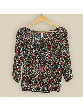 Catch My I Bohochic Women's Small Floral Peasant Blouse Top Tie Front Whimsigoth